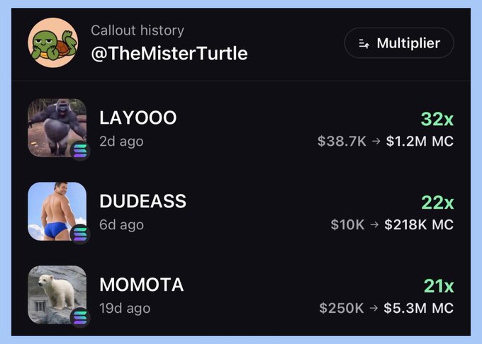 The image shows a callout history for @TheMisterTurtle on what appears to be the PumpFun app, highlighting three profitable multiplications: LAYOOO with a 32x gain ($38.7K → $1.2M MC), DUDEASS with a 22x gain ($10K → $218K MC), and MOMOTA with a 21x gain ($250K → $5.3M MC). This aligns with the user's post about "looking for bangers" on PumpFun, as the screenshot serves as proof of their successful past calls or multiplier trades on the platform.