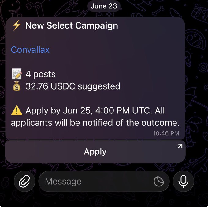 "New Select Campaign" message sent by Convallax with a phone number provided.