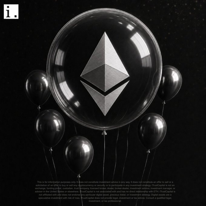 The image shows a cluster of black balloons, with the largest transparent balloon in the center featuring the Ethereum (ETH) logo, set against a dark starry background. The post claims that the Ethereum founders disguised their early whale buyers as balloons 11 years ago, symbolically tying the black balloons to hidden large holders of ETH. A disclaimer at the bottom notes the image is not investment advice, referencing TrustCapital.