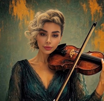 A portrait of a woman with curly blonde hair holding a violin, wearing a shimmering dark teal gown against a textured green and gold background.