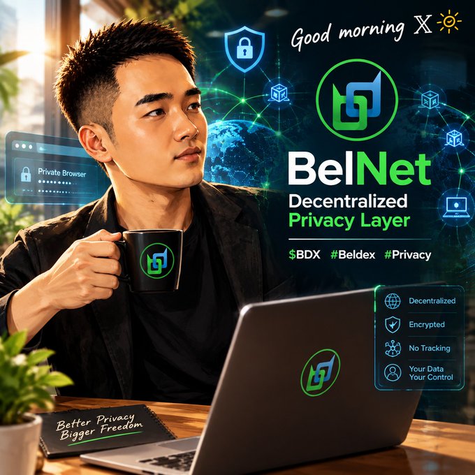 An advertisement for "BelNet Decentralized Privacy Layer" featuring a young man holding a branded mug and looking thoughtfully at a laptop with various privacy icons floating around him.