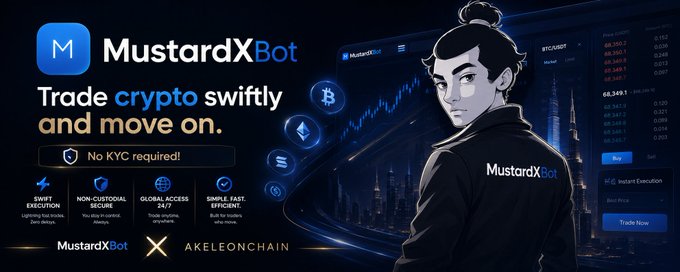 A promotional banner for @mustardXBot featuring the tagline “Trade crypto swiftly and move on,” “No KYC required,” and benefits including swap execution, non-custodial security, global access, and simple, fast operation. It shows a cartoon trader beside a crypto dashboard and notes that MustardXBot is built on AkeleonChain, matching the post’s promise of swift, KYC-free crypto-to-naira trading.