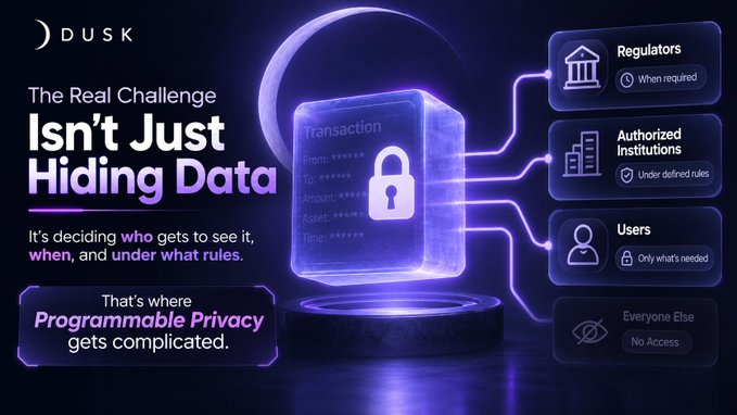 A promotional graphic for 'DUSK' titled 'The Real Challenge Isn't Just Hiding Data,' explaining 'Programmable Privacy' with a visual diagram connecting a locked transaction to Regulators, Authorized Institutions, Users, and Everyone Else.