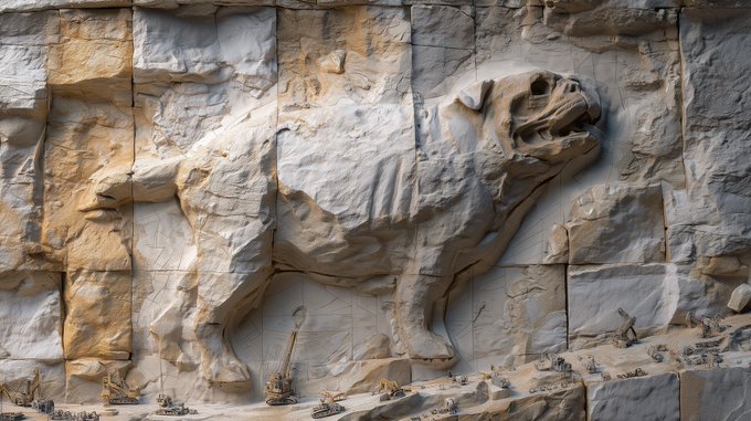 A massive stone relief sculpture of a roaring bear carved into a rock face, with small construction vehicles visible at the base providing scale.