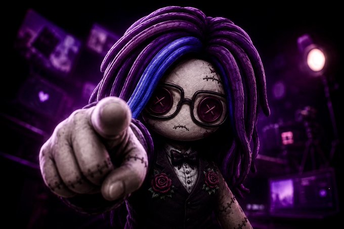 A creepy ragdoll-style doll with purple and blue dreadlocks, stitched face, glasses with X-eyes, and a suit with roses points a stitched hand at the viewer against a purple-lit room background.