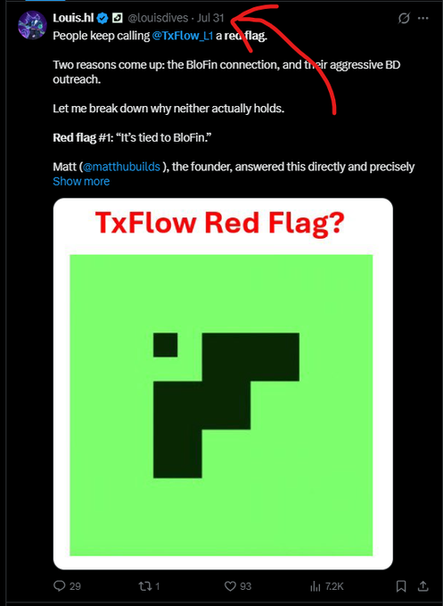 A screenshot of a tweet from Louis.hl (@louisdives) dated July 31 discussing why @TxFlow_li is called a red flag, with a graphic titled 'TxFlow Red Flag?' featuring a green flag icon.