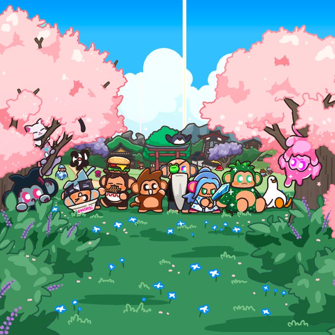 A colorful cartoon illustration featuring various chibi-style characters gathered in a grassy field surrounded by pink cherry blossom trees.