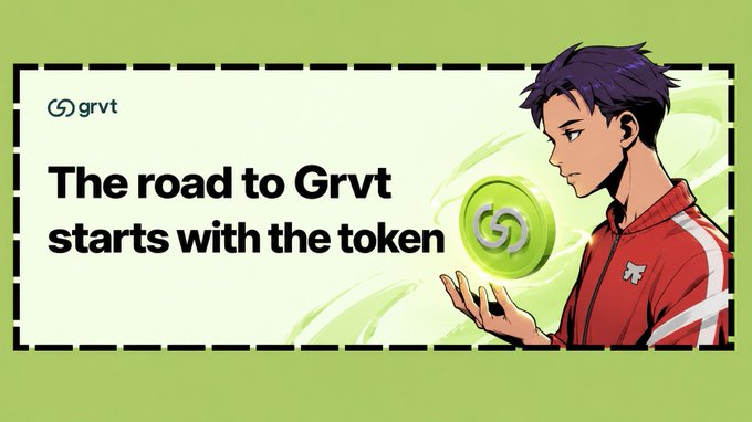 A bright green promotional graphic for Grvt features an anime-style character holding a glowing $GRVT coin, with the headline: “The road to Grvt starts with the token.” The image accompanies Grvt’s announcement that its first $GRVT buyback and burn is complete, permanently removing nearly 1% of the token supply.