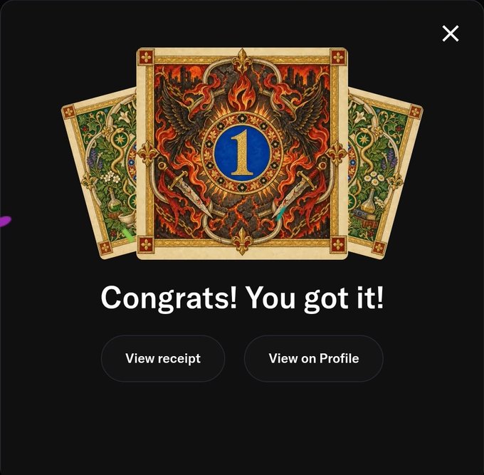 A 'Congrats! You got it!' digital reward screen featuring an ornate fantasy card with the number '1,' a phoenix design, and flames, flanked by two partially visible green cards, with buttons to 'View receipt' and 'View on Profile.'
