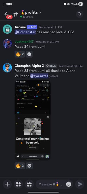 The image shows a phone screen displaying text and images related to a Facebook group called Alpha Vault. The main focus of the post seems to be about the community's activities recently, such as discussions, sharing posts, and generating value through free mints generated from members' contributions on social media platforms.
