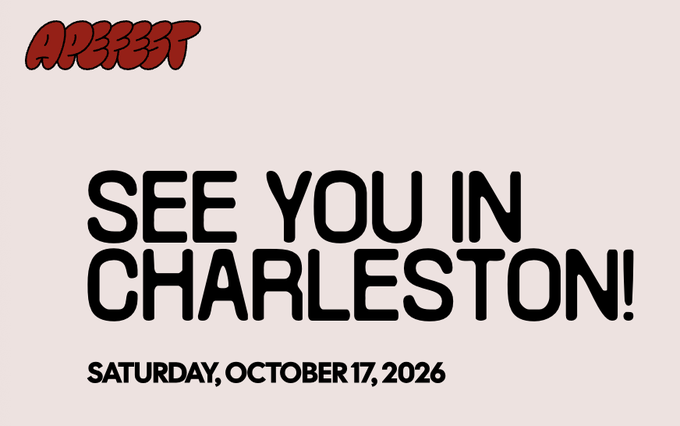 An announcement graphic with a stylized 'APEXFEST' logo in red, displaying the text 'SEE YOU IN CHARLESTON! SATURDAY, OCTOBER 17, 2026' in bold black lettering on a cream background.