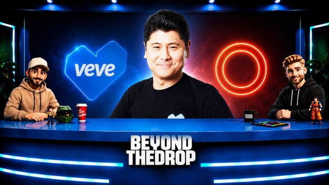 Three men sit behind a glowing blue desk with 'BEYOND THE DROP' displayed on the front; the central man is positioned in front of a neon 'veve' diamond logo, flanked by a red neon ring and other small figurines.