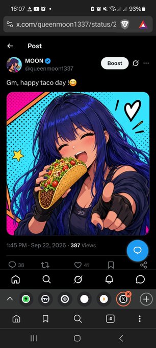 A screenshot of a social media post from account 'MOON @queenmoon1337' showing anime artwork of a blue-haired character eating a taco, captioned 'Gm, happy taco day! 😋' with 387 views.