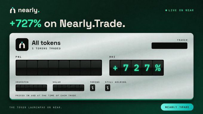 The image displays a promotional graphic for "Nearly.Trade" highlighting a "+727% on Nearly.Trade" return for an "All tokens" portfolio on the NEAR blockchain, showing stats like PNL, ROI (+727%), and that 1 token was traded and is still holding.

The post jokes about "hype and sui maxis bagworking memes on near," playfully suggesting that meme token trading on NEAR could backfire, which contrasts with the image's boastful +727% ROI claim, hinting that while some traders may have gotten lucky, the volatile meme trading scene is risky.