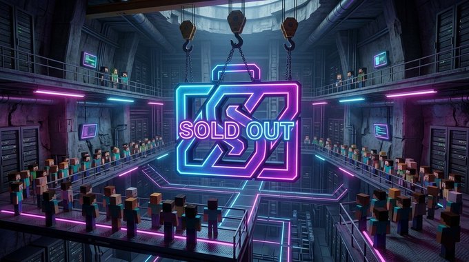 A Minecraft-style 3D scene with crowds of blocky characters gathered in an industrial setting, with a neon 'SOLD OUT' sign hanging from chains in the center.