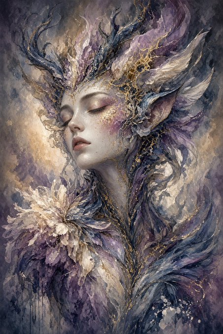 A fantasy watercolor illustration of a serene elven-like woman with closed eyes, surrounded by antlers and elaborate floral and feather-like elements in shades of purple, blue, and gold.