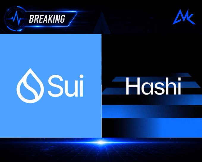 A breaking news graphic from MK featuring the Sui and Hashi logos side by side against a blue tech-themed background.