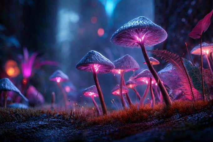A digital art rendering of glowing pink and purple mushrooms in a mystical forest setting with dark, atmospheric lighting and mossy ground.