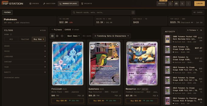 A Pokemon Trading Card Game marketplace shows cards for sale including Frillish, Gumshoos, and Meowstic with prices displayed.