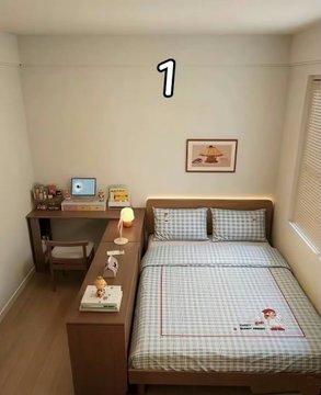 A small bedroom interior featuring a single bed, desk with a monitor and chair, and a window with blinds, with the number '1' annotated near the top.