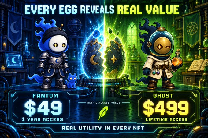 The graphic advertises a "Fantom vs Ghost" NFT reveal mechanic, showing two characters flanking a cracked cosmic egg, under the headline "EVERY EGG REVEALS REAL VALUE." It highlights Fantom at $49 for 1-year access and Ghost at $499 for lifetime access to every Cifer app, reinforcing the post's message that "every NFT reveals real utility" regardless of rarity.