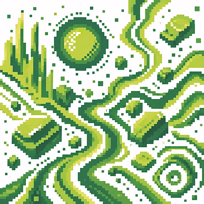 Pixel art artwork featuring green and yellow tones depicting various spherical and circular patterns resembling planets, bubbles, and abstract shapes.
