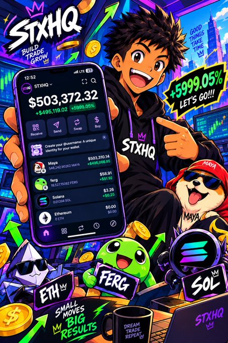 A vibrant promotional graphic featuring a cheerful anime-style character holding a smartphone displaying a crypto portfolio showing $503,372.32 (+5999.05%), with prominent $STXHQ branding, logos for $ETH, $FERG, and $SOL, a "GOOD THINGS TAKE TIME" sign, and "DREAM TRADE REPEATS" text, visually supporting a giveaway encouraging users to share their $SOL wallet addresses for a chance to receive crypto rewards.