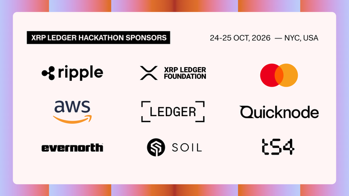 Promotional graphic for the “XRP Ledger Hackathon,” dated 24–25 Oct. 2026 in NYC, with sponsor logos including Ripple, XRP Ledger Foundation, Mastercard, AWS, Ledger, QuickNode, Evernorth, SOIL, and t54. It supports the post’s 48-hour countdown, highlighting $10K in bounties and Ledger devices for builders creating device-backed security projects on XRPL.