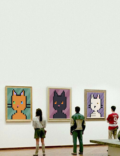 Three people stand in an art gallery observing three framed pixel-art cat portraits in orange, black, and white.