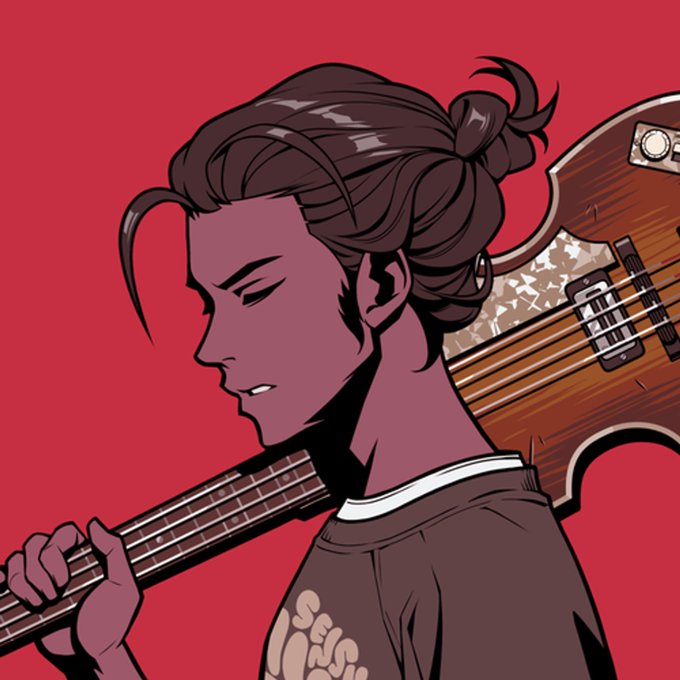 An illustrated character with brown hair in a bun holding a bass guitar against a red background.