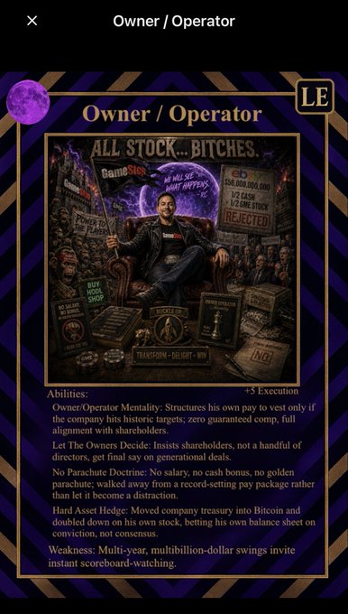 A limited edition (LE) digital trading card titled "Owner/Operator" depicts a confident man seated on a throne surrounded by meme stock signage referencing GameStop, "ALL STOCK...BITCHES," and "Wall St," with satirical financial text and abilities like "+5 Execution" and "Let The Owners Decide: Insists shareholders." The card's meme-stock, shareholder-focused theme aligns with the post celebrating new PP NFT cards and wallet updates for $PP holders.