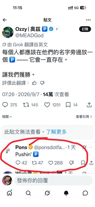 A screenshot of an X (Twitter) post by user 'Ozzy | 奧茲' (@MEADGod) in Traditional Chinese, advocating for people to put a blue 'P' next to their names, with a red circle highlighting a reply from 'Pons' (@ponsdotfa) saying 'Pushin' P'.