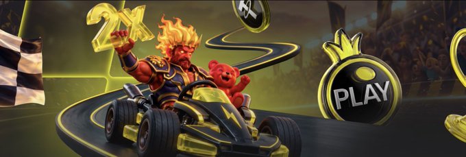 Promotional artwork for a racing game featuring a flame-headed character with a teddy bear passenger in a kart, with a "PLAY" button visible.