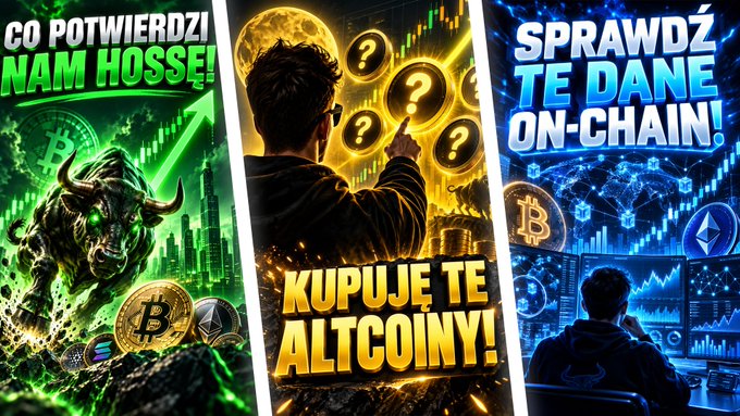 Three AI-generated cryptocurrency promotional graphics featuring a bull, coins with question marks, and a trader, with Polish text reading 'CO POTWIERDZI NAM HOSSA!', 'KUPUJĘ TE ALTCOINY!', and 'SPRAWDŹ TE DANE ON-CHAIN!'.