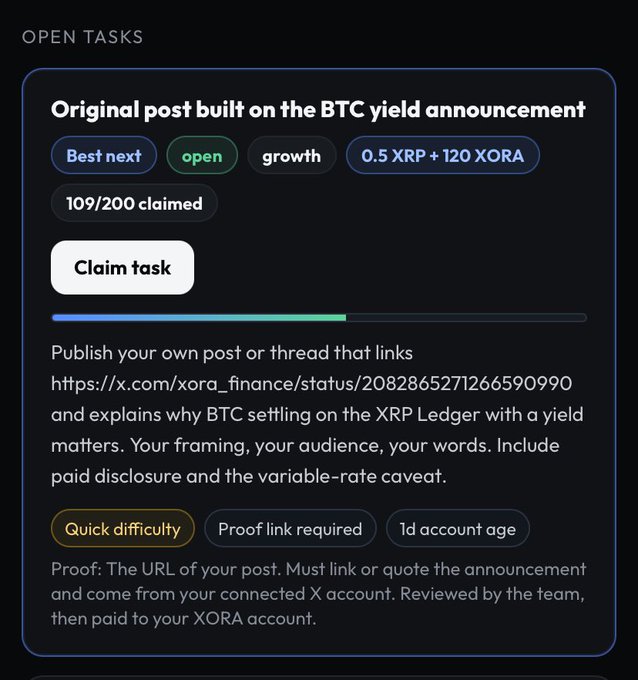 Open task card titled 'Original post built on the BTC yield announcement' offering 0.5 XRP + 120 XORA rewards, requiring users to publish a post linking to an XORA Finance tweet about BTC settling on the XRP Ledger.