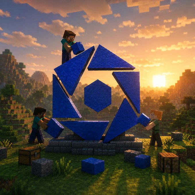 Minecraft-style artwork depicting three pixelated characters assembling a large blue cryptocurrency logo made of blocks on a pedestal at sunset.