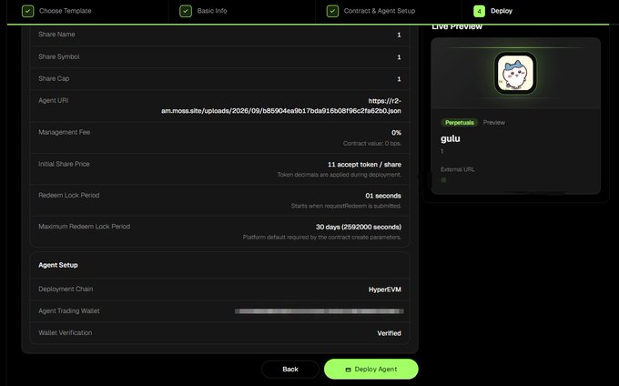 The image shows a "Deploy" screen for setting up an AI trading agent called "gulu" on the Moss.AI platform, configured with 11 accept token per share, 0% management fee, a 30-day maximum redeem lock period on HyperEVM, and a verified trading wallet—ironically illustrating the post's confession of being a trading disaster who leans on Moss AI to compensate for poor trading skills.