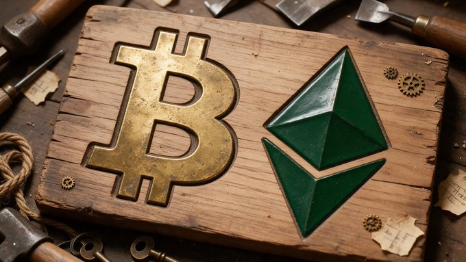 A wooden sign displays the Bitcoin logo and Ethereum symbol alongside crafting tools and gears, visually representing the recent ETF flow data: Bitcoin ETFs (like Fidelity's FBTC) saw a massive $433M Friday inflow keeping them green, while Ethereum ETFs endured a $140M weekly outflow, breaking their four-week streak.