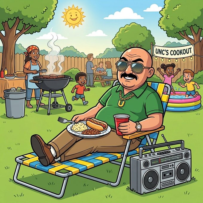 A cartoon illustration of a man wearing sunglasses and a gold chain sitting in a lawn chair at 'UNC'S COOKOUT,' eating a hot dog with a boombox nearby while others grill and play in the background.