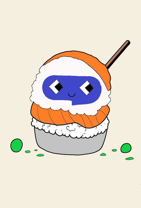 A cute cartoon illustration of a smiling salmon nigiri sushi piece wrapped in a fluffy white scarf-like band, with green wasabi dots scattered on the side.