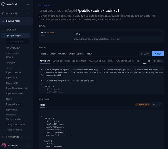 A screenshot of the LunarCrush API documentation page showing the GET /coins endpoint with code examples in JavaScript fetch, Node.js, and Python, displaying a JSON response with coin data for Ethereum.