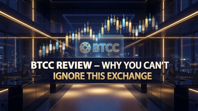 A promotional graphic for BTCC cryptocurrency exchange with the title 'BTCC REVIEW – WHY YOU CAN'T IGNORE THIS EXCHANGE' displayed over a futuristic trading room background with candlestick charts.