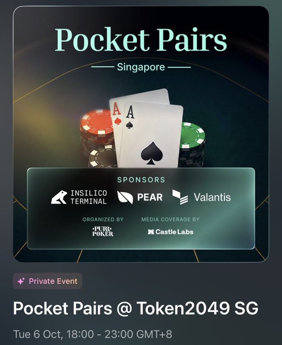 Promotional graphic for 'Pocket Pairs Singapore' event at Token2049 SG on Tue 6 Oct, 18:00-23:00 GMT+8, featuring poker chips and two Ace cards, sponsored by Insilico Terminal, Pear, and Valantis, organized by Pur Poker, with media coverage by Castle Labs.