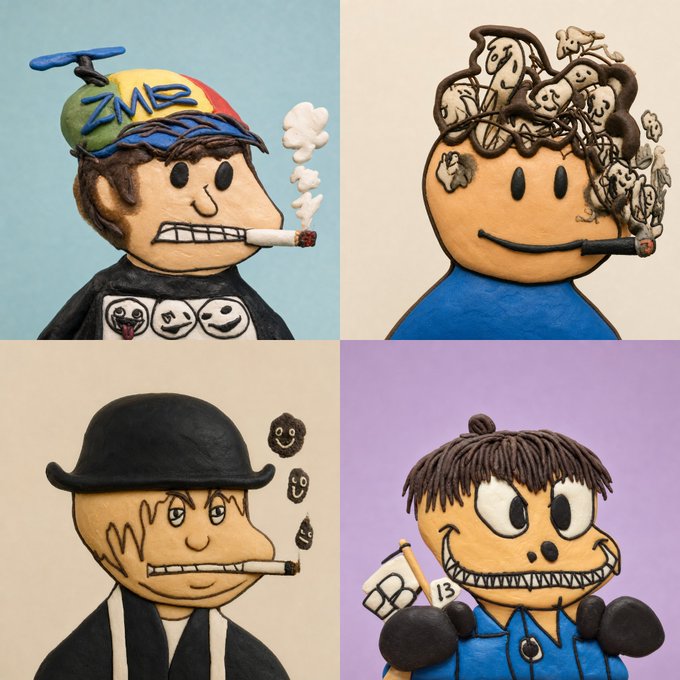 Four cartoon-style illustrations depict characters smoking cigarettes, with one figure wearing a propeller hat labeled "ZMO" and another in a black bowler hat with small floating faces beside his smoke. The artwork, signed "B 13," appears to be original pieces that the poster is showcasing for a $50,000 volume milestone promotion, inviting followers to share what they're holding (likely NFTs or crypto) in exchange for a retweet.