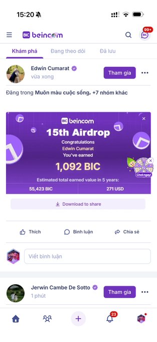 A screenshot of the Beincom app interface in Vietnamese celebrates "Edwin Kumarat" earning "1,092 BIC" in the "15th Airdrop," showing an estimated value of 55,423 BIC or 271 USD, with options to like, comment, and share.
