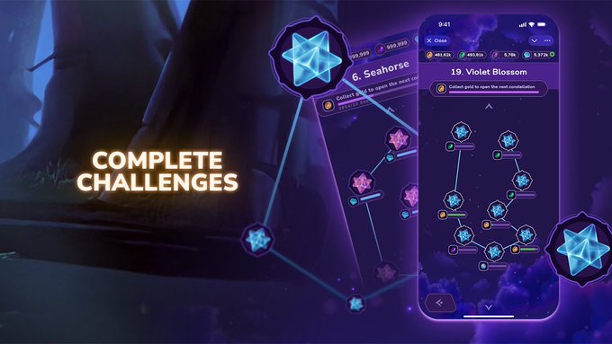 The image shows a phone screen displaying an app icon with text that reads "Complete challenges". The app appears to be designed for sleep tracking, as indicated by the presence of stars and a star-like design around the word "challenges". The app allows users to log their bedtime and overnight sleep quality. When they wake up in the morning, it rewards them with tokens based on how well they slept throughout the night. The app encourages consistency and good sleep habits as its primary focus.