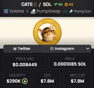 A memecoin dashboard displays the $CATE token on Solana via PumpSwap and Pump.fun, showing a price of $0.008449 (0.0001085 SOL), $290K liquidity, and a $7.8M market cap, with links to its Twitter and Instagram accounts—the latter connecting to the post's narrative about Kabosu, the original Doge, being the source of the token's story.