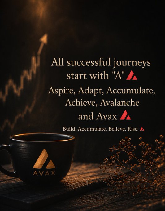 The image features a black coffee cup filled with coffee sitting on top of a wooden table. The background of the image shows an upward-pointing arrow, which could be interpreted as a symbol for success or progress. Below this symbol, there is text that reads "All successful journeys start with A" and "Aspire, Adapt, Accumulate, Achieve, Avalanche". This quote seems to be related to the coffee cup in some way, possibly suggesting that the journey towards success starts with setting goals and taking small steps towards achieving them.