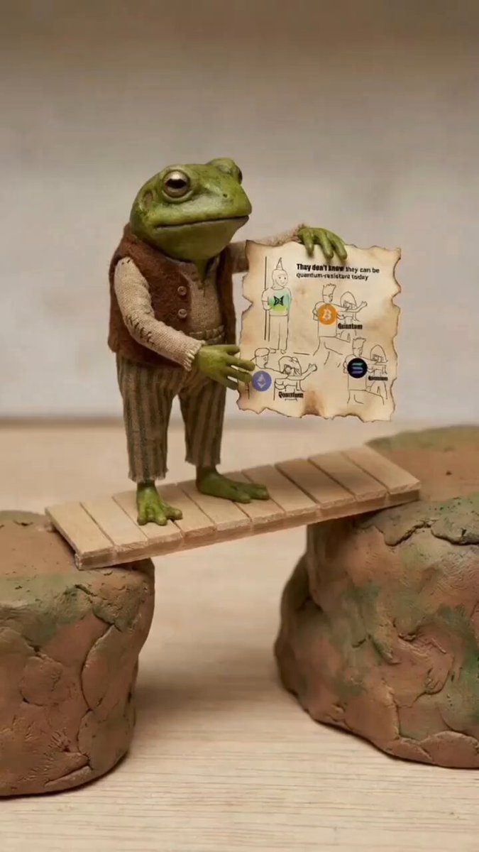 The image features a green frog statue standing on a wooden bridge, holding up a piece of paper with a map or diagram printed on it. The frog appears to be pointing at something on the map while standing confidently on the bridge. The background consists of rocks and a wall, providing an interesting contrast between the natural elements in the scene and the man-made structure of the wooden bridge.