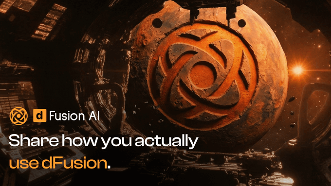 A dark, dramatic graphic features a glowing orange circular emblem with an intricate swirling design set against a futuristic, mechanical background. Text overlays include the "d Fusion AI" logo and the prompt "Share how you actually use dFusion," directly tying into the accompanying post's call for users to comment on their real-world applications of the platform.